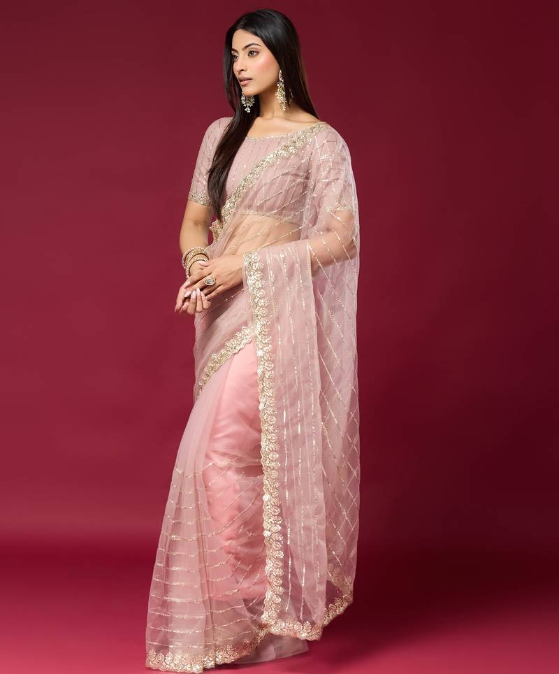 Pink color smart elegant girlie partywear net sequins embroidered saree