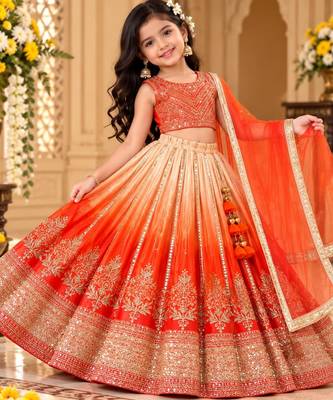 kids orange embroidered lehenga choli with dupatta 1