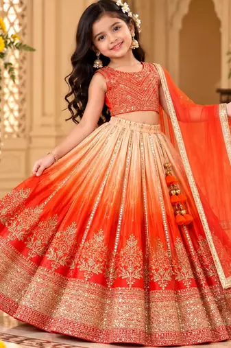 kids orange embroidered lehenga choli with dupatta