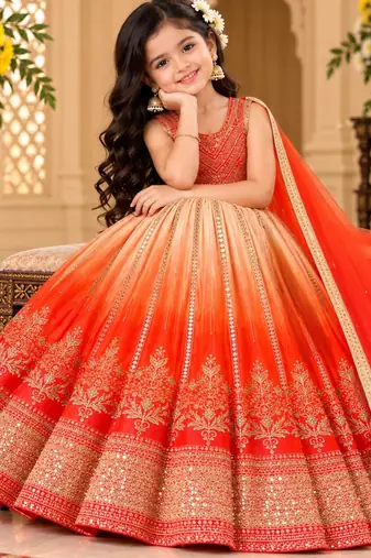 kids orange embroidered lehenga choli with dupatta