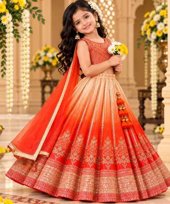 kids orange embroidered lehenga choli with dupatta 3