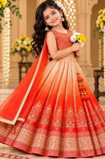 kids orange embroidered lehenga choli with dupatta