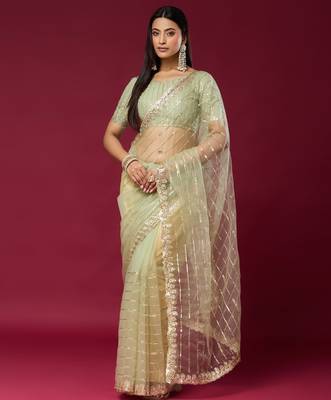 Pista color smart elegant girlie partywear net sequins embroidered saree 1