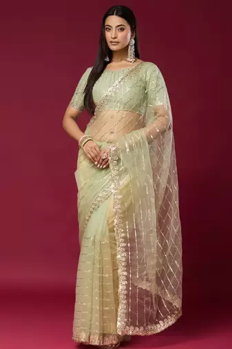 Pista color smart elegant girlie partywear net sequins embroidered saree
