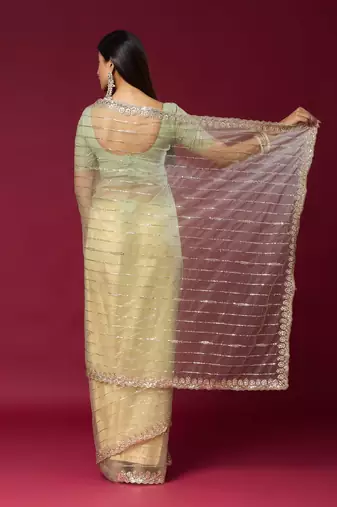 Pista color smart elegant girlie partywear net sequins embroidered saree