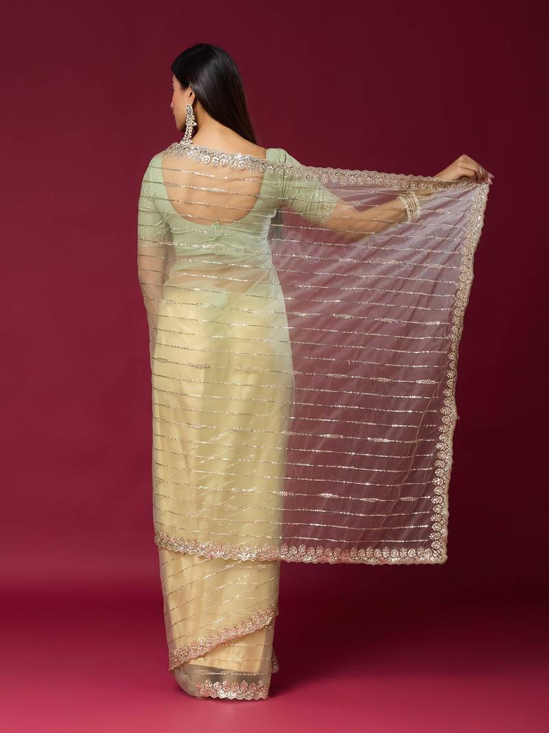 Pista color smart elegant girlie partywear net sequins embroidered saree