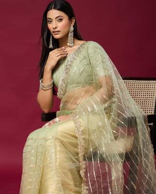 Pista color smart elegant girlie partywear net sequins embroidered saree 3
