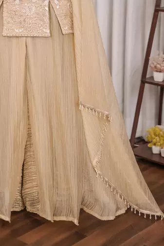 Golden bead sequin embroidered salsa silk sharara set for wedding