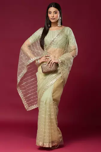 Pista color smart elegant girlie partywear net sequins embroidered saree