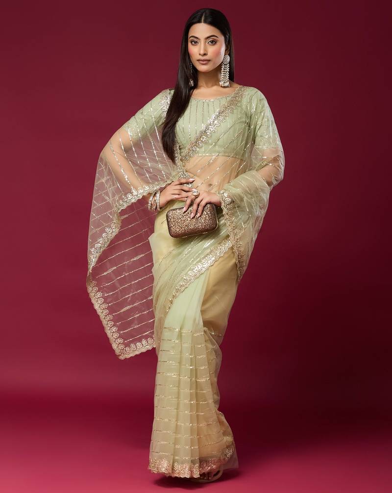 Pista color smart elegant girlie partywear net sequins embroidered saree