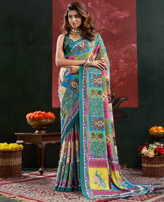Blue color smart crepe silk designer printed saree for fancy girlie looks 1