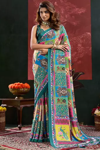 Blue color smart crepe silk designer printed saree for fancy girlie looks