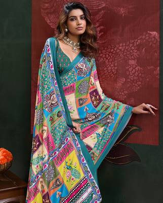 Blue color smart crepe silk designer printed saree for fancy girlie looks 3