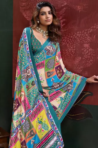 Blue color smart crepe silk designer printed saree for fancy girlie looks