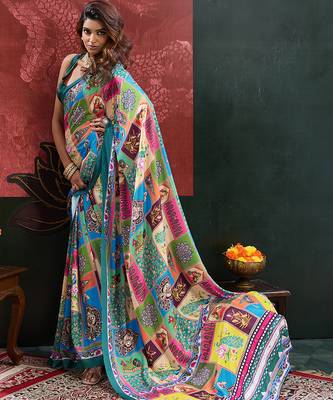 Blue color smart crepe silk designer printed saree for fancy girlie looks 4