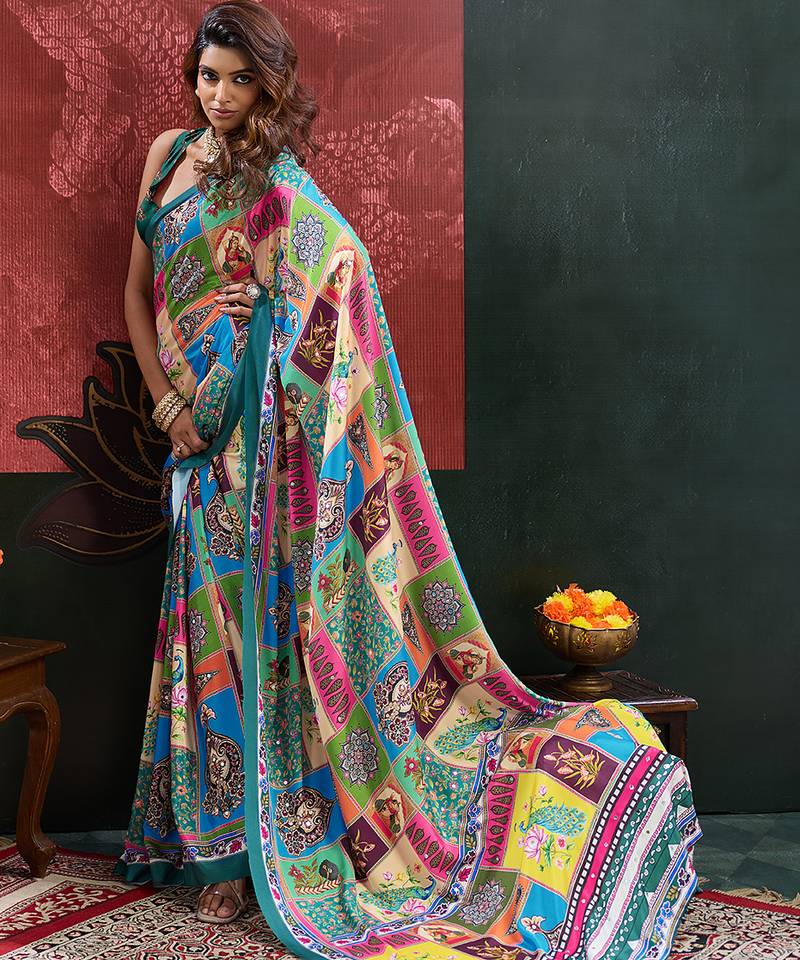 Blue color smart crepe silk designer printed saree for fancy girlie looks