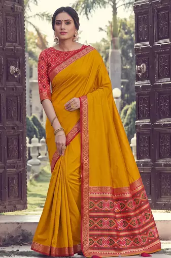 Mustard color smart woven designer silk fabric trendy beautiful saree
