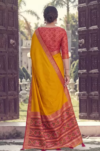 Mustard color smart woven designer silk fabric trendy beautiful saree