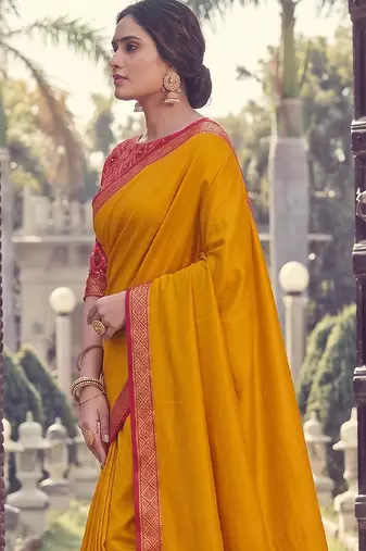Mustard color smart woven designer silk fabric trendy beautiful saree