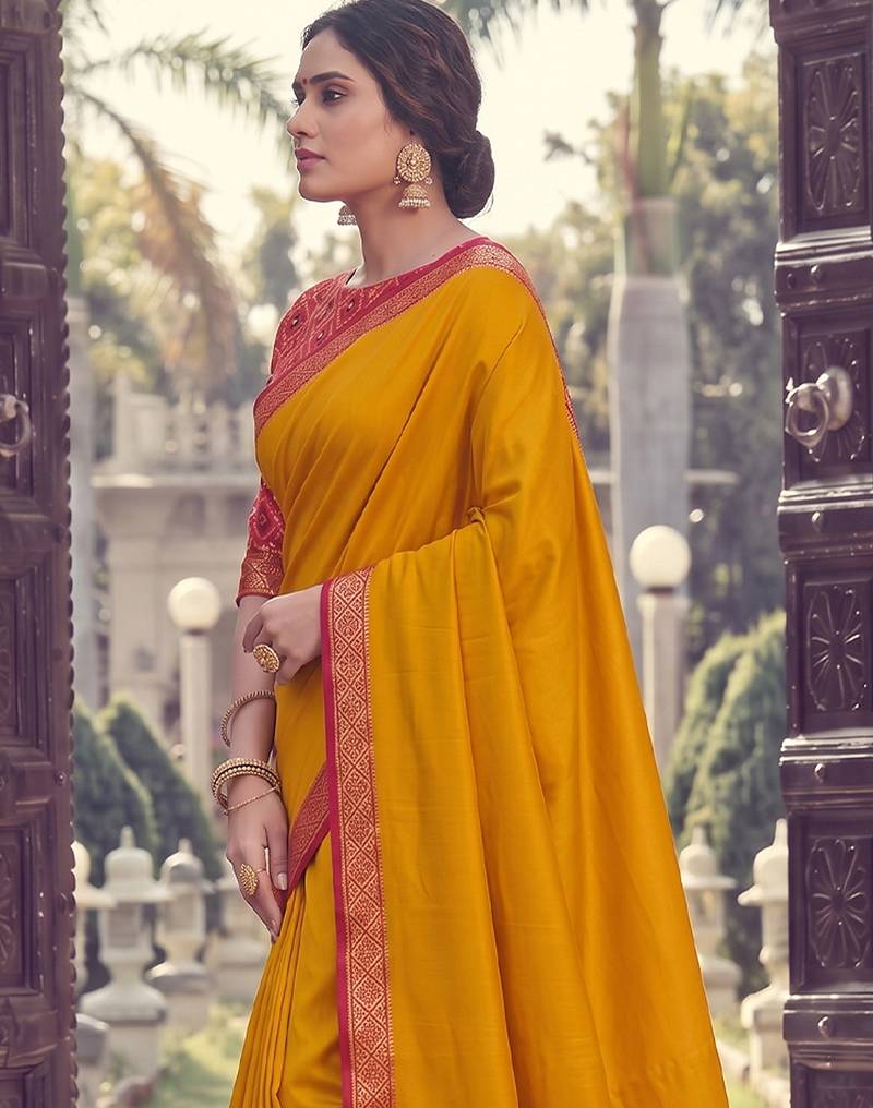 Mustard color smart woven designer silk fabric trendy beautiful saree
