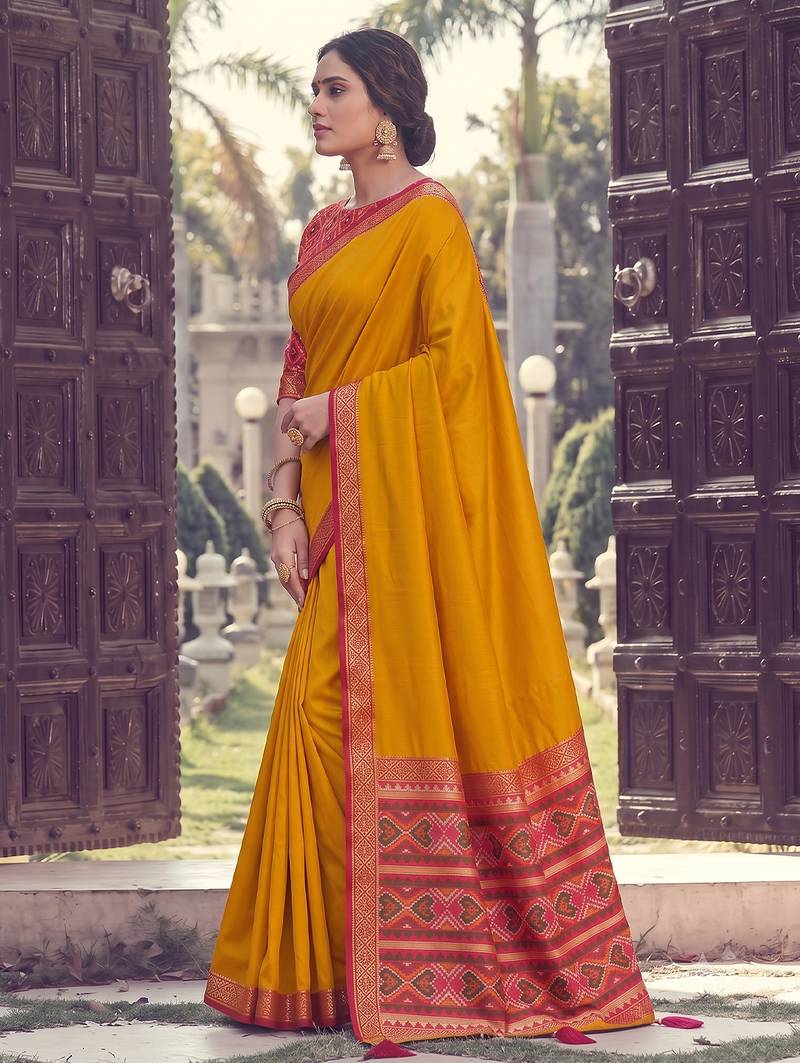 Mustard color smart woven designer silk fabric trendy beautiful saree