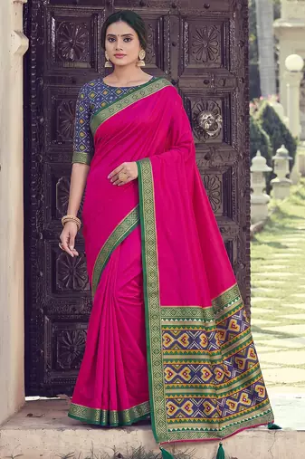 Pink color smart woven designer silk fabric trendy beautiful saree