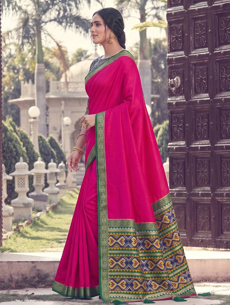 Pink color smart woven designer silk fabric trendy beautiful saree