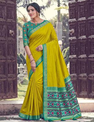 Lemon color smart woven designer silk fabric trendy beautiful saree 1