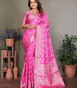 Pink color satin silk jacquard weaving designer fancy beautiful saree