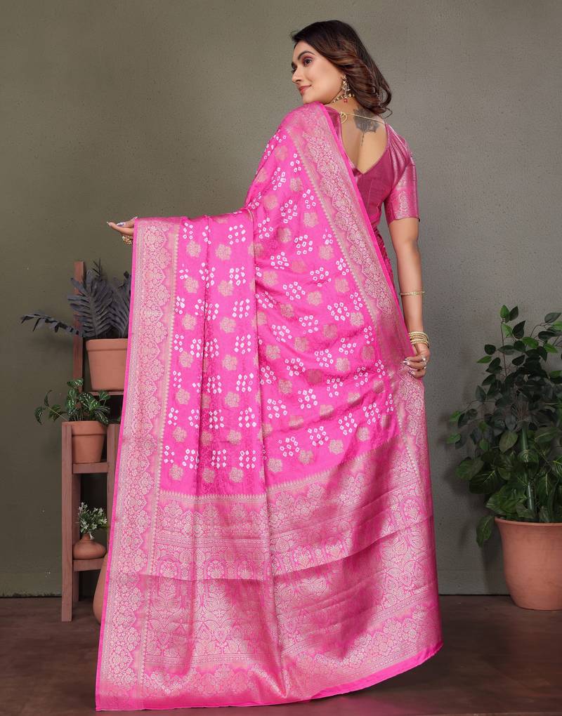 Pink color satin silk jacquard weaving designer fancy beautiful saree