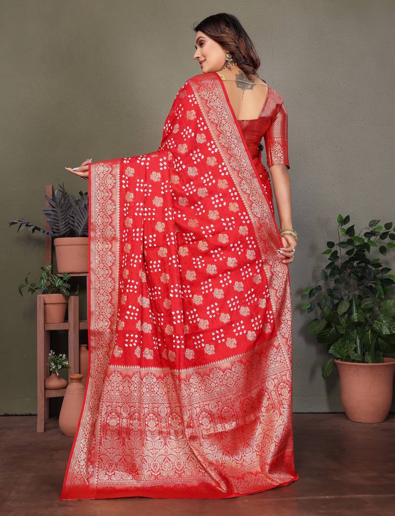 Red color satin silk jacquard weaving designer fancy beautiful saree