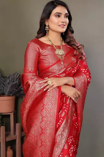 Red color satin silk jacquard weaving designer fancy beautiful saree