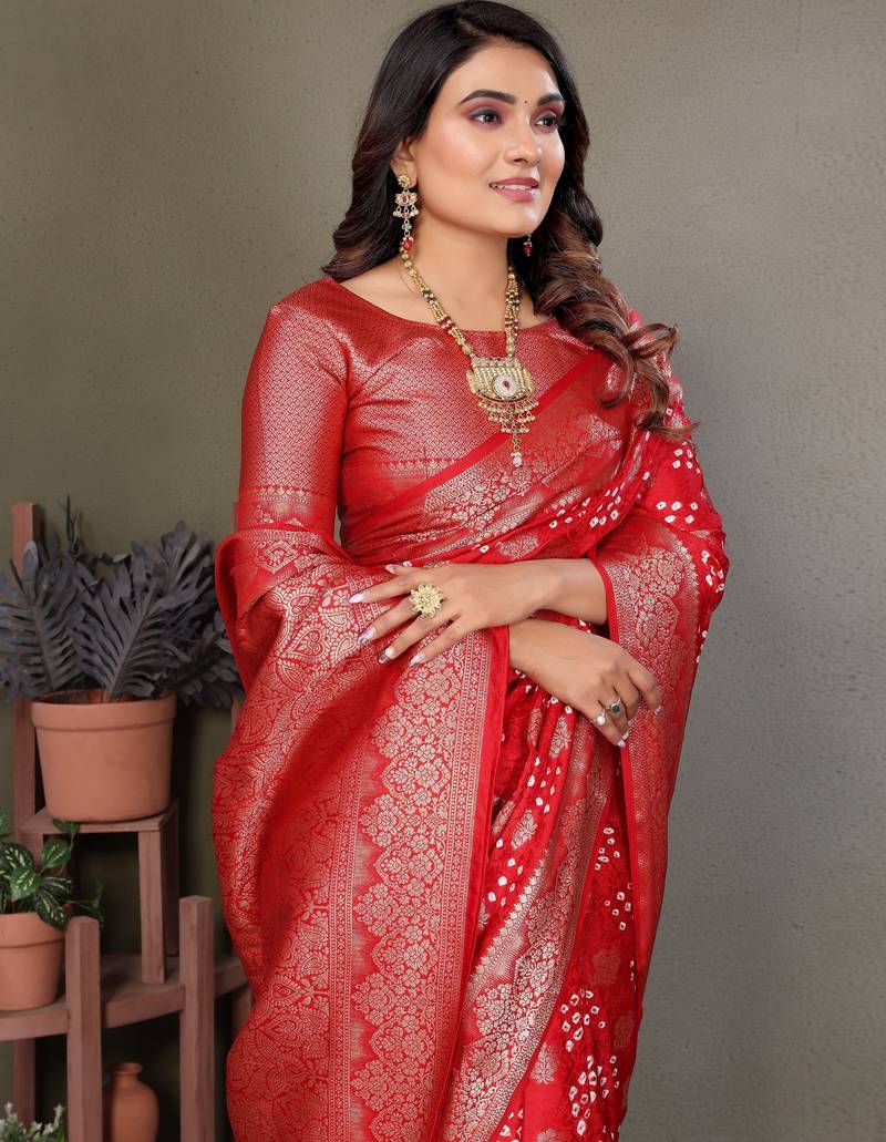 Red color satin silk jacquard weaving designer fancy beautiful saree