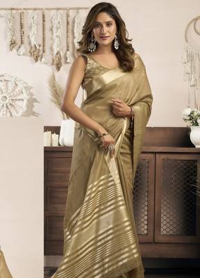 beige ethnic khadi cotton blend fabric woven designer traditional rich saree 3