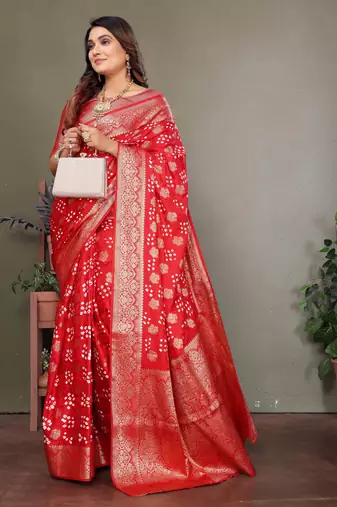 Red color satin silk jacquard weaving designer fancy beautiful saree