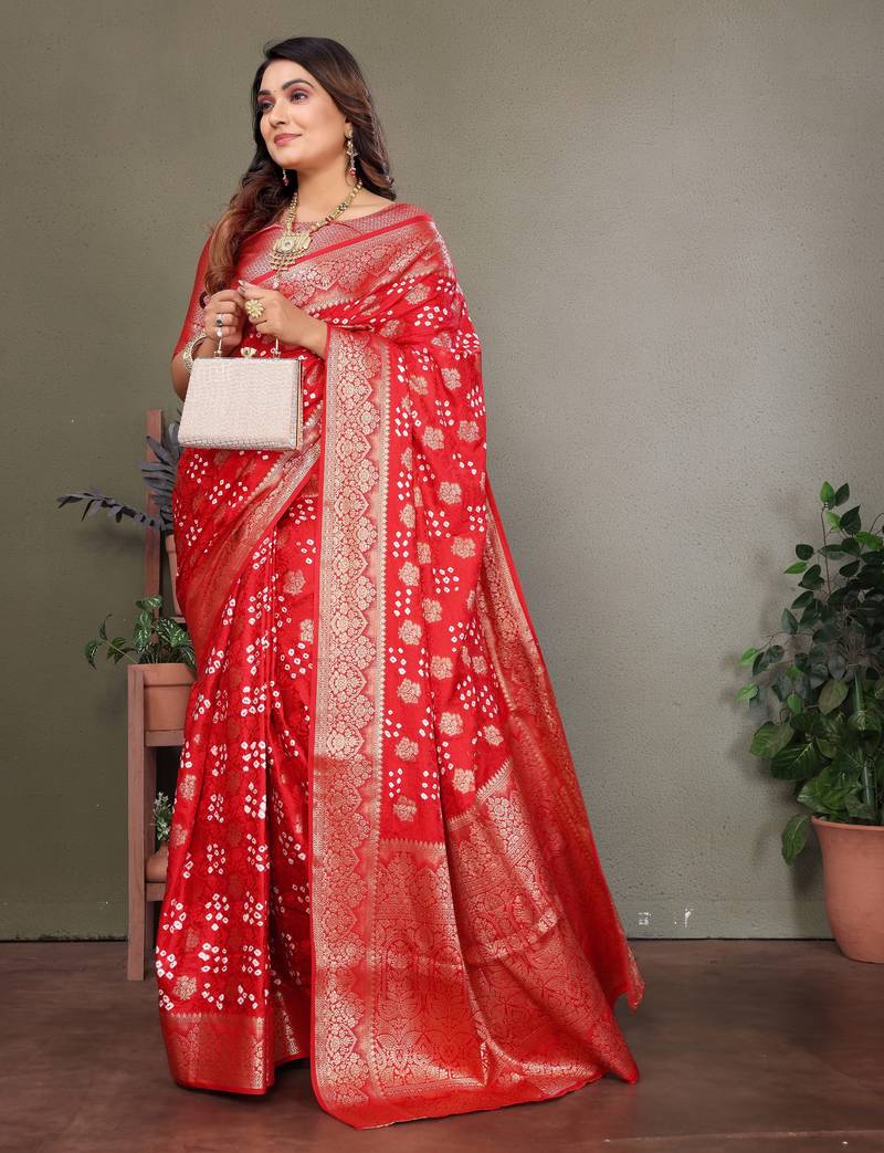 Red color satin silk jacquard weaving designer fancy beautiful saree