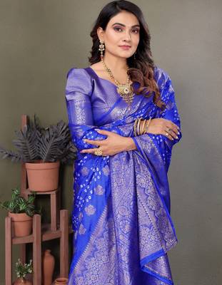 Blue color satin silk jacquard weaving designer fancy beautiful saree 3