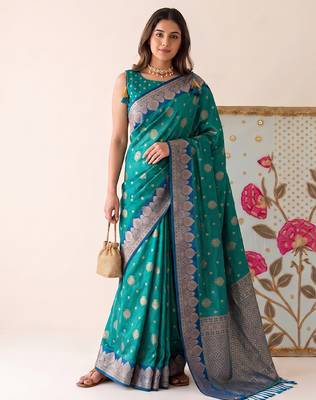 Rama color woven designer silk ethnic trandy saree 1