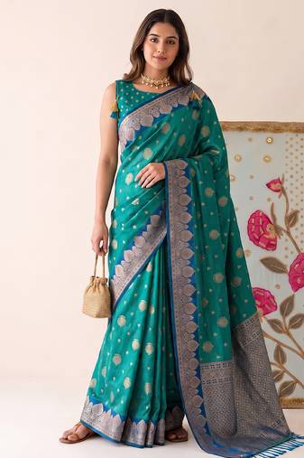 Rama color woven designer silk ethnic trandy saree