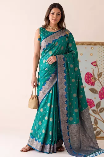 Rama color woven designer silk ethnic trandy saree