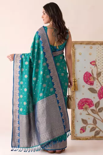 Rama color woven designer silk ethnic trandy saree