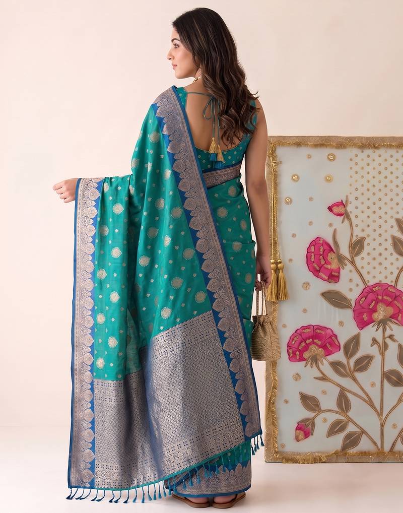 Rama color woven designer silk ethnic trandy saree