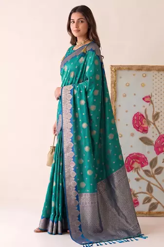 Rama color woven designer silk ethnic trandy saree