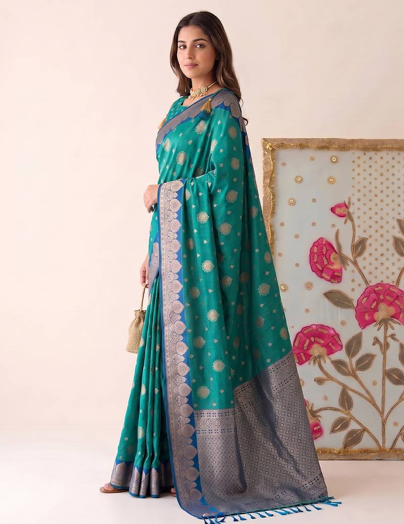 Rama color woven designer silk ethnic trandy saree