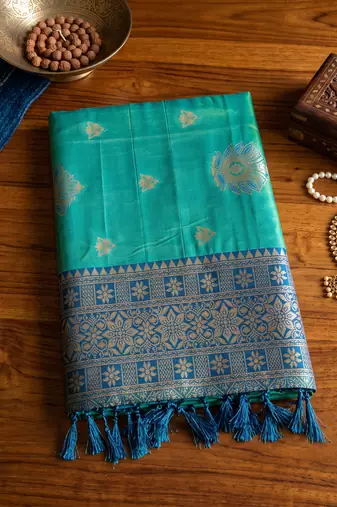 Rama color woven designer silk ethnic trandy saree
