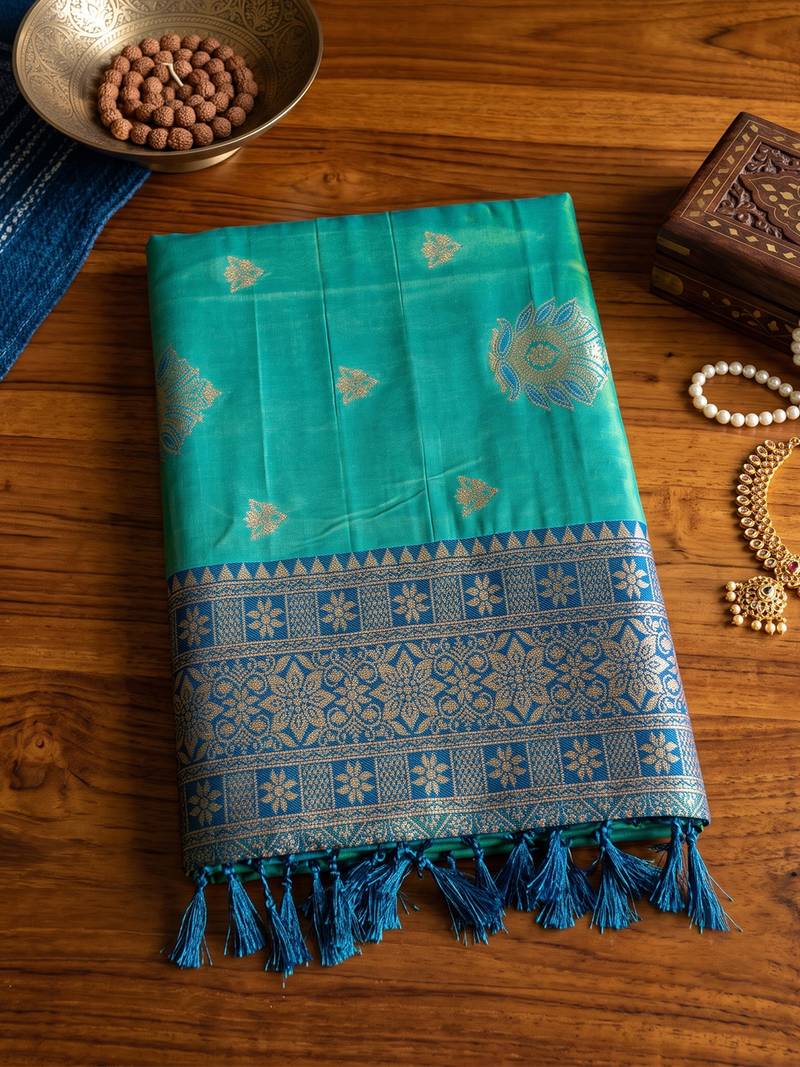Rama color woven designer silk ethnic trandy saree
