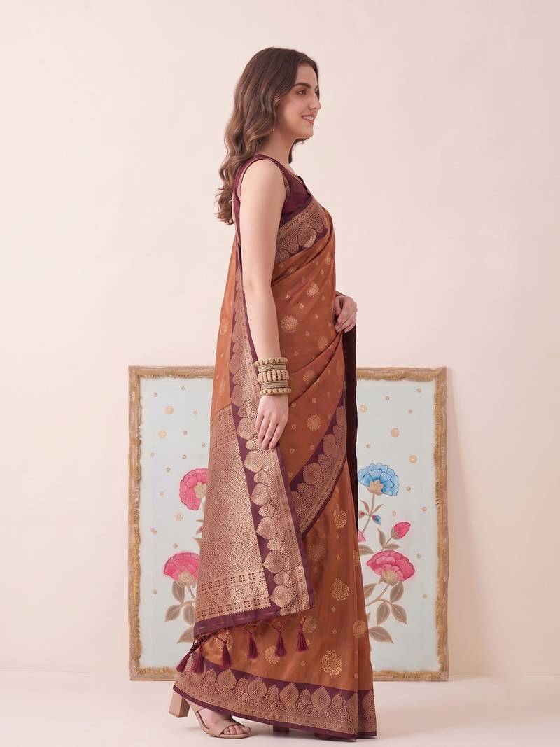 Brown color woven designer silk ethnic trandy saree