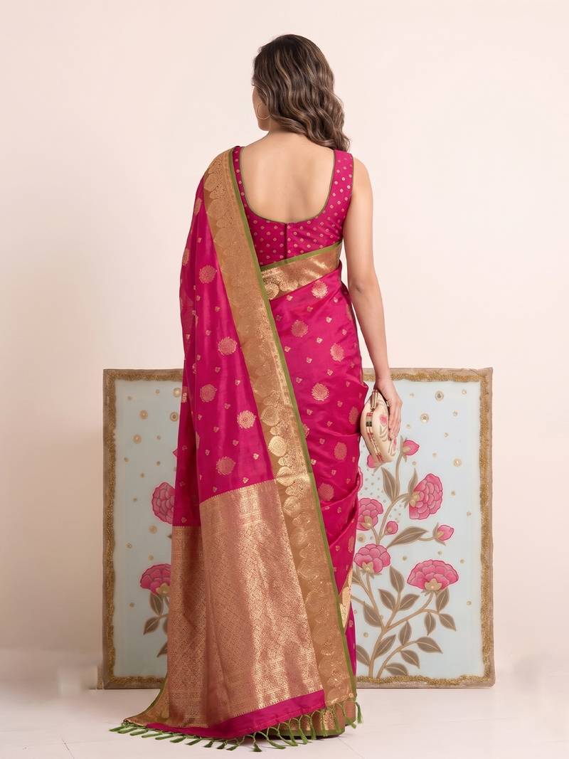 Pink color woven designer silk ethnic trandy saree