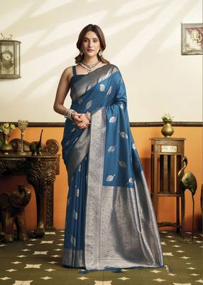 Blue color beautiful woven jacquard designer soft silk partywear saree 1