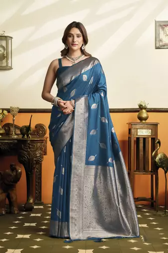 Blue color beautiful woven jacquard designer soft silk partywear saree